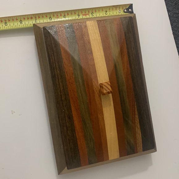 Gorgeous Marquetry Wood box with Red Velvet lining. MCM Pyramid style top - Picture 10 of 14